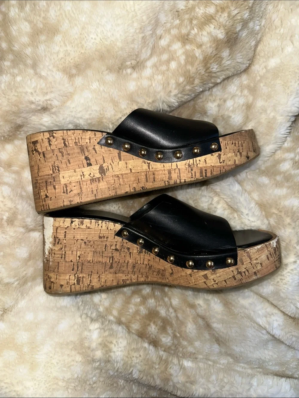 Zara Black Leather Cork-Platform Wedge Slides with Gold Studs